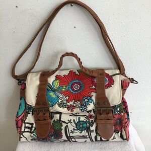 Desigual Floral Canvas Satchel with Brown Leather Straps with Belt Buckles